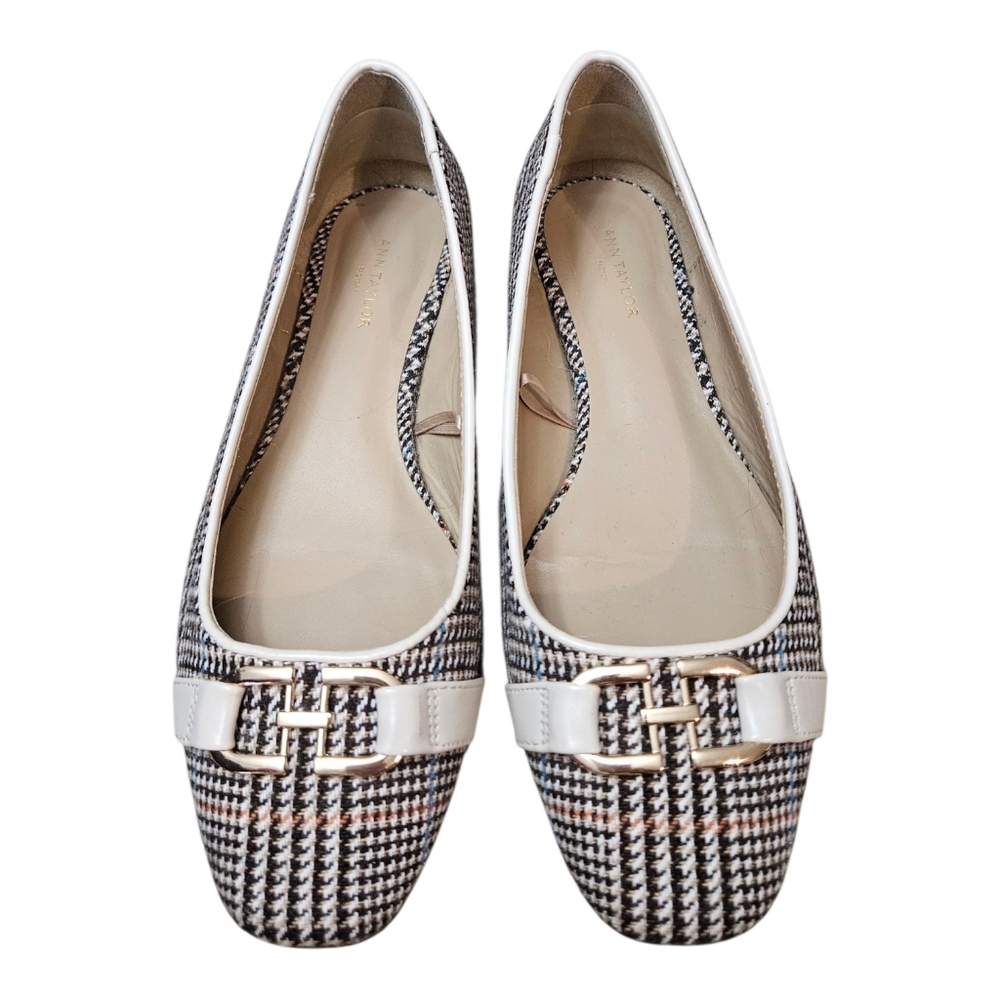 Ann Taylor Factory Plaid Ballet Flats Women's 6.5 Cream Brown Career